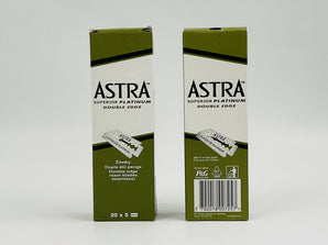 Wholesale Astra Superior Platinum Double Edge Razor Blades – 20 packs of 5 stainless blades, ideal for barbers and resellers. Available in Lebanon.