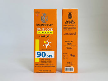 Wholesale UV Block Sun Cream SPF 90 by Carinoo VIP – 60ml, high-protection sunscreen from India, available in Lebanon for bulk supply.
