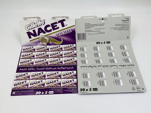 Wholesale Gillette NACET Stainless Razor Blades – 20 packs of 5 double-edge blades, made in Russia. Available for bulk supply in Lebanon.