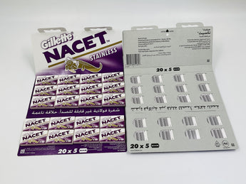 Wholesale Gillette NACET Stainless Razor Blades – 20 packs of 5 double-edge blades, made in Russia. Available for bulk supply in Lebanon.