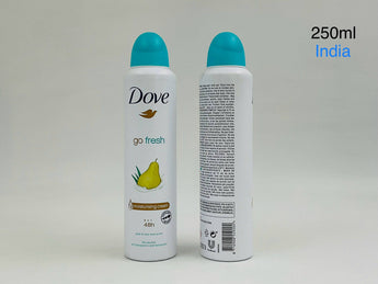 Wholesale Dove Go Fresh Pear & Aloe Vera Deodorant Spray – 250ml Indian origin, available in Lebanon for bulk supply.