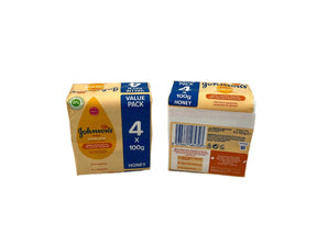 Wholesale Baby Honey Soap by Johnson's – pack of 4 x 100g bars, gently cleanses delicate skin, available in Lebanon for bulk supply.