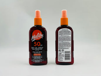 Malibu Dry Oil Spray SPF 50 Europe 100ml front and back