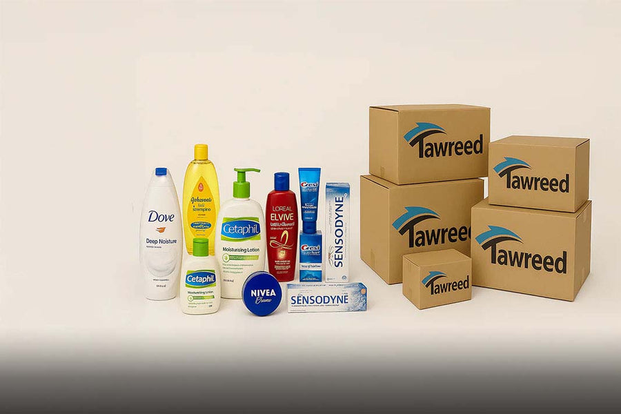 Collection of various brand products including Dove, L'Oreal, Nivea, and Tawreed on a light background.
