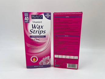 Wholesale Vitamin E Wax Strips for Legs & Body by Beauty Formulas â€“ 40pcs UK origin, enriched with shea butter and cherry oil, available in Lebanon.